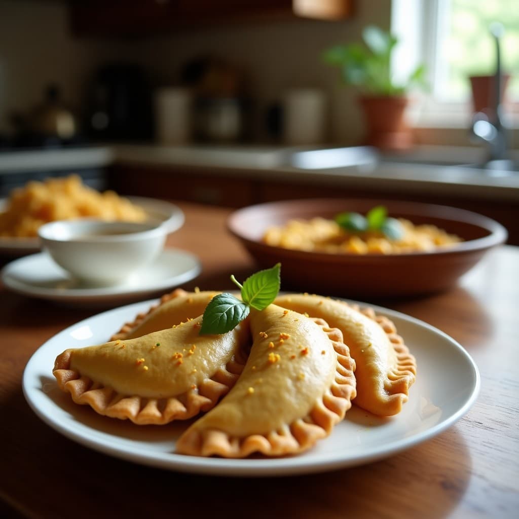 Empanadas doradas y crujientes de atún y aceitunas Kalamata con masa de coliflor, servidas en un plato de cerámica blanca sobre un mantel de lino rústico. Al fondo, aceitunas Kalamata, perejil fresco y rodajas de limón decoran la composición, destacando los sabores mediterráneos de esta receta keto griega.