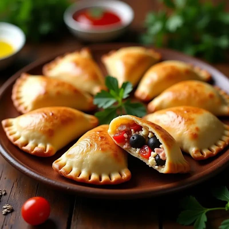 Empanadas argentinas horneadas de atún y pimientos con masa de maíz dorada y crujiente, dispuestas en bandeja rústica de madera con hierbas frescas al lado.