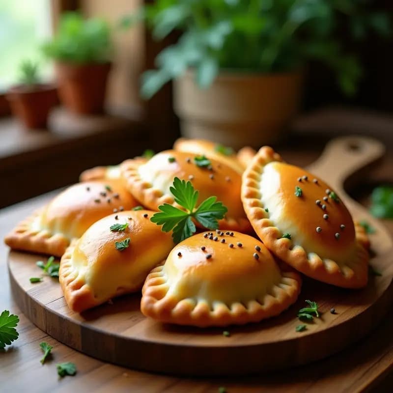 Empanadas austriacas doradas y esponjosas con relleno de queso Topfen y perejil, decoradas con semillas de amapola y servidas en una bandeja de madera rústica.