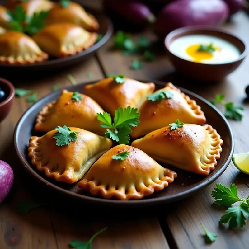 Empanadas doradas de masa de camote morado con relleno de carne vegana de alcachofa, dispuestas en una bandeja de madera rústica con hojas de huacatay y rodajas de limón al lado. Receta peruana vegana y sin gluten.