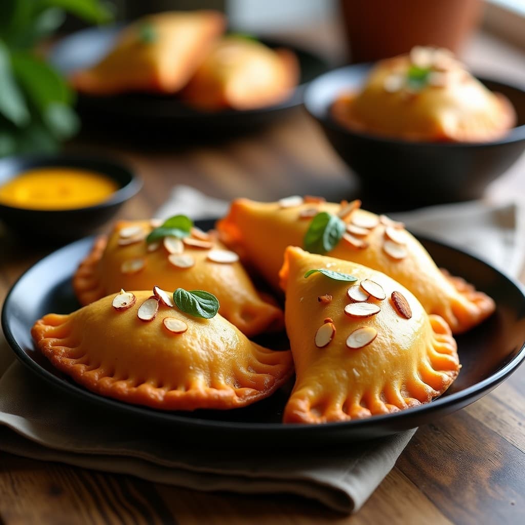 Empanadas doradas y crujientes de masa de camote naranja rellenas de espinacas y queso de cabra, servidas en un plato de cerámica negra con un dip de ají amarillo, receta peruana en airfryer sin harina.