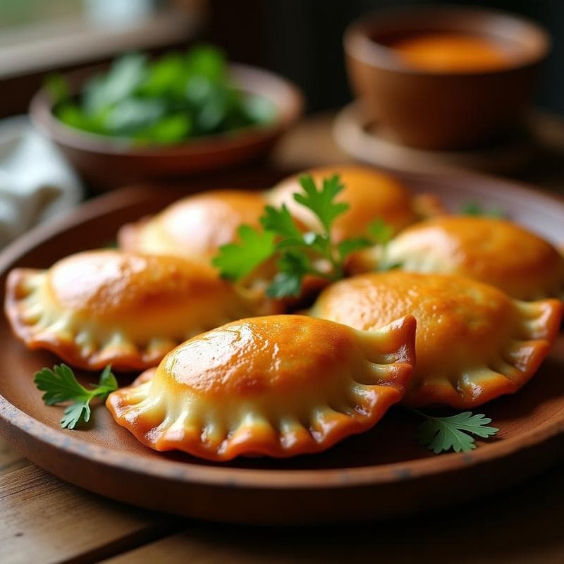 Empanadas de carimañola doradas y crujientes rellenas de queso vegano y boniato, servidas en una bandeja de madera con hojas de cilantro. Receta colombiana sin gluten.