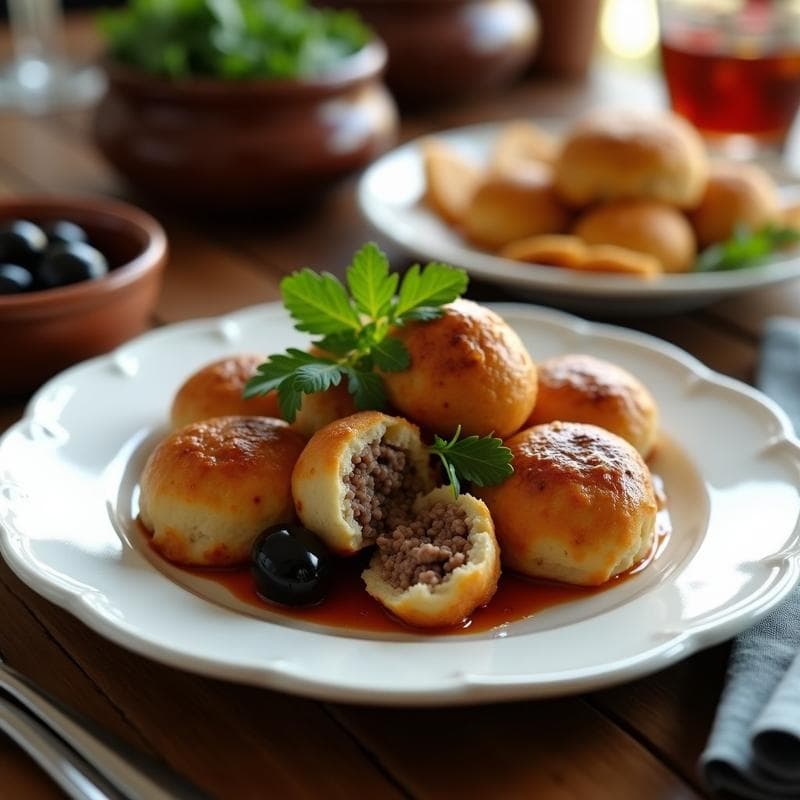 Empanadas griegas sin masa de berenjena asada rellenas de carne picada de cordero, aceitunas Kalamata y queso feta, cocinadas en olla express, servidas en plato de barro con hierbas frescas y limón.