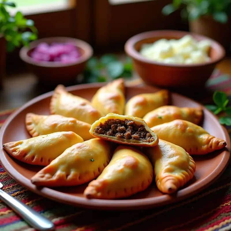 Empanadas doradas y crujientes al horno, rellenas de carne de llama y queso de cabra, con bordes bien sellados y un acabado brillante. Servidas en una bandeja de madera rústica con hojas de huacatay como decoración.