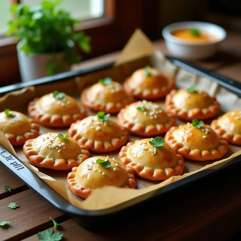 Bandeja de empanadas venezolanas de carne mechada y queso blanco al horno, doradas y crujientes, con bordes marcados con tenedor, servidas sobre papel de horno rústico.
