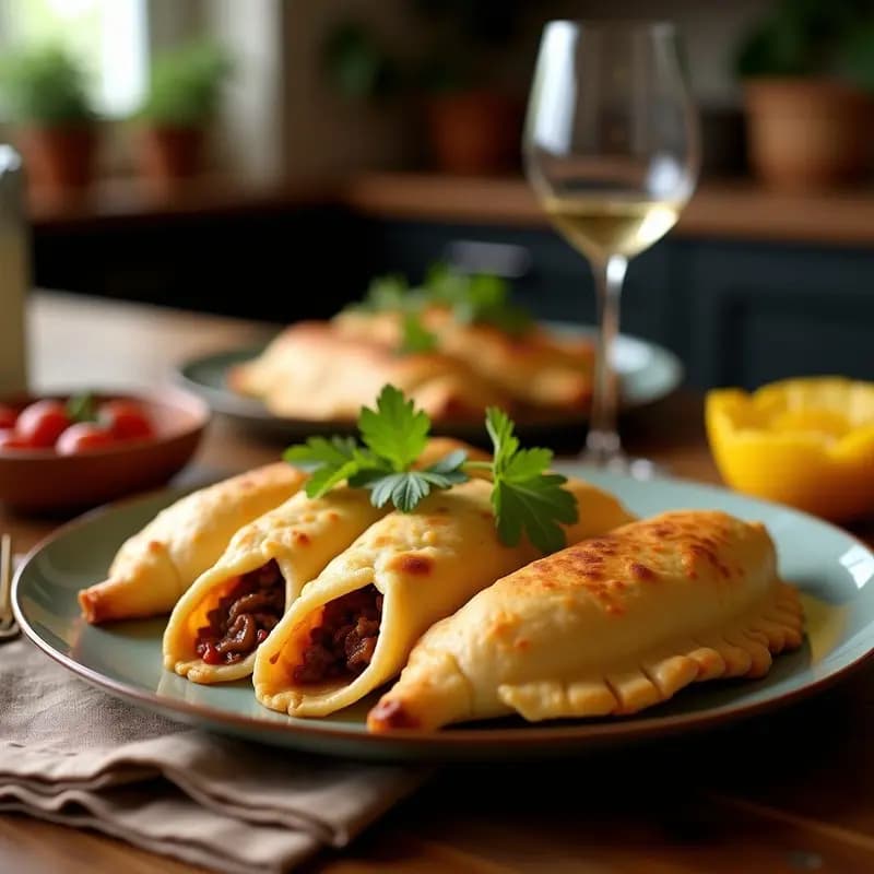 Empanadas doradas y crujientes rellenas de carne mechada jugosa, queso chesco fundido y ají amarillo, servidas en un plato rústico con salsa de ají al lado. Receta de empanadas peruanas caseras.