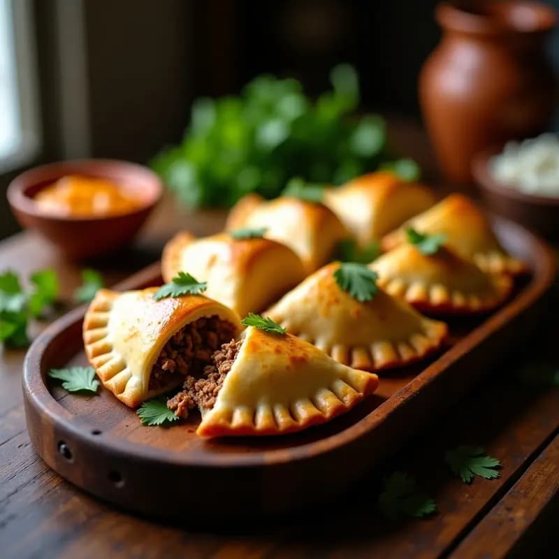 Empanadas doradas y crujientes de carne mecida y queso de anacardos sin gluten, servidas en una bandeja de madera rústica con hojas de cilantro fresco y una salsa de ají dulce al lado. Receta venezolana tradicional reinventada.