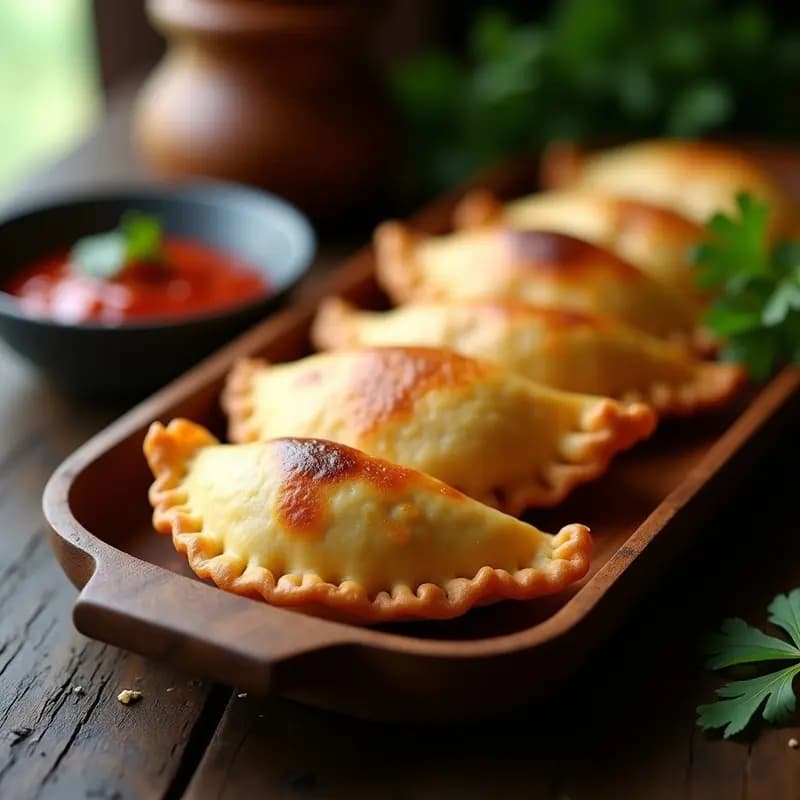 Empanadas venezolanas de carne picante con hojas de yuca doradas al horno, servidas en bandeja de madera con salsa de ají al lado.