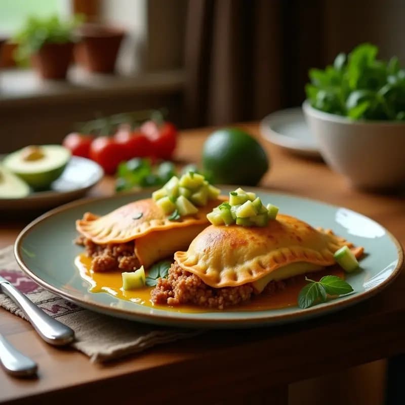 Empanadas colombianas doradas y crujientes rellenas de carne picante y queso derretido, servidas en un plato de madera con salsa de aguacate cremosa y cilantro fresco. Receta tradicional para antojos intensos.