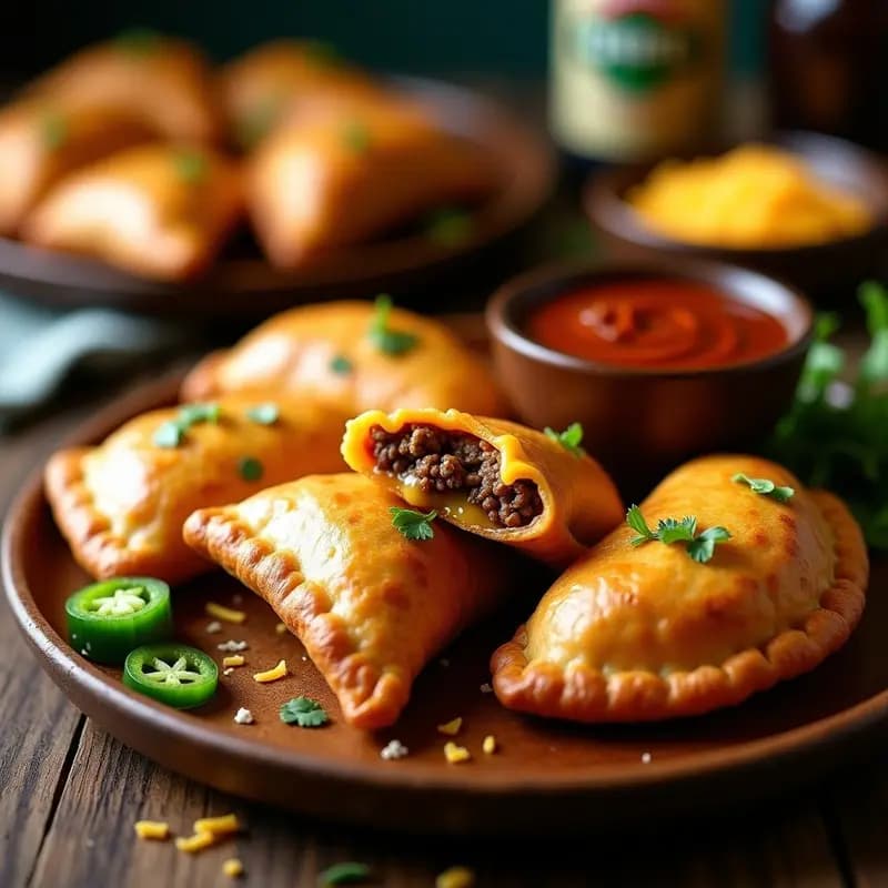 Empanadas argentinas doradas y crujientes rellenas de carne picante con queso cheddar fundido y jalapeños, dispuestas en una bandeja de madera con salsa picante al lado.