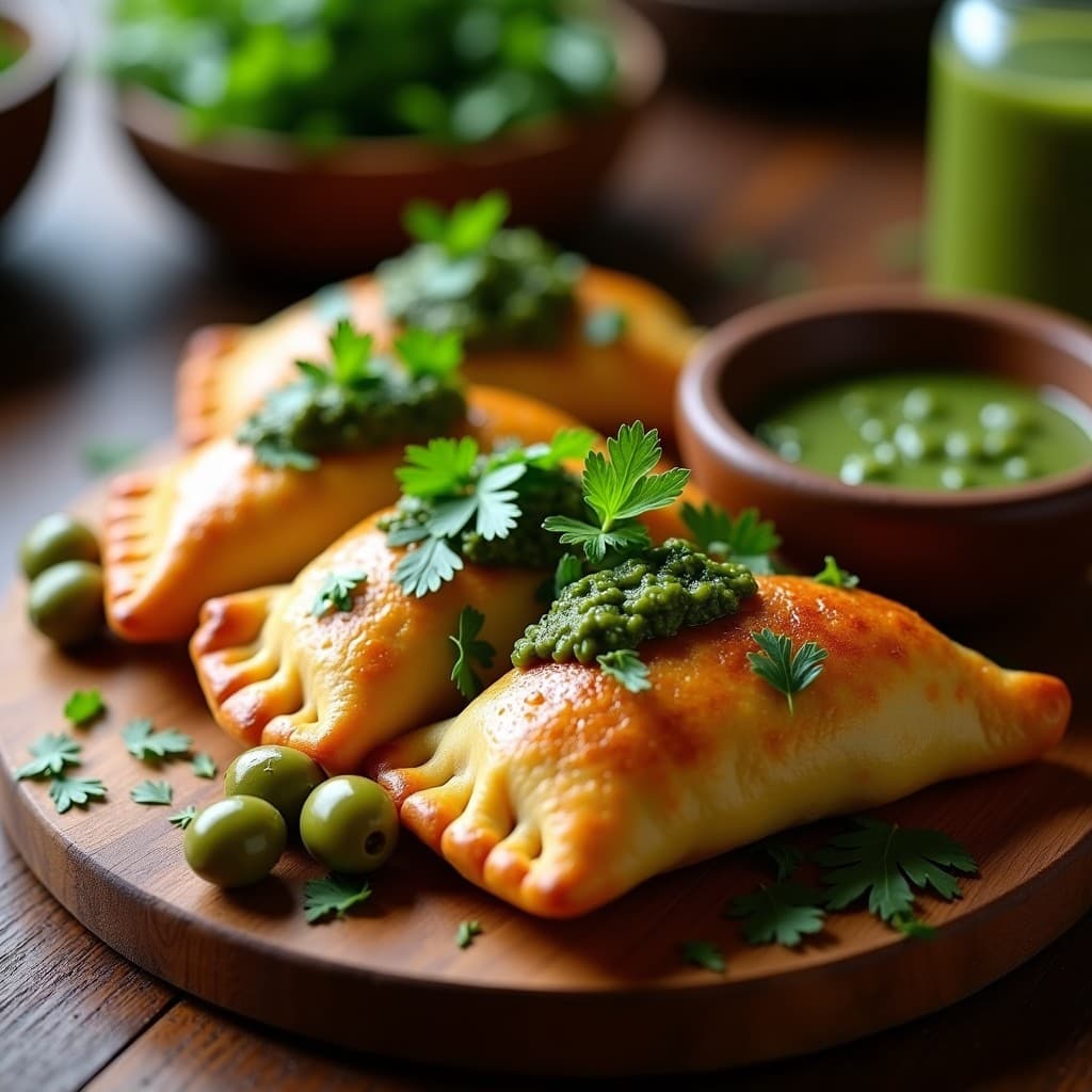 Empanadas doradas y crujientes de carne de res con masa de yuca, servidas en un plato rústico con chimichurri verde fresco y aceitunas. Receta argentina en airfryer sin gluten.