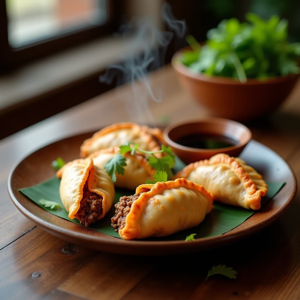 Empanadas chinas doradas y crujientes en sartén antiadherente, rellenas de carne de res y hongo shiitake, con pliegues tradicionales estilo jiaozi, servidas con salsa de soja y cilantro fresco.