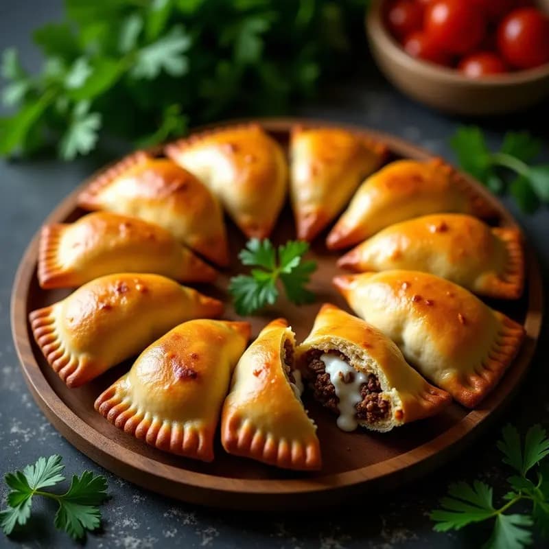Empanadas argentinas doradas y crujientes rellenas de carne de res jugosa y queso crema, con un toque de comino. Servidas en una bandeja de madera rústica con hojas de perejil fresco.