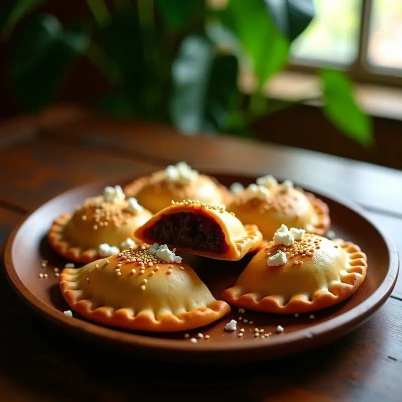 Empanadas doradas y crujientes rellenas de cassareep de guayaba y queso de cabra, servidas en un plato de madera rústico con semillas de sésamo tostadas por encima. Receta guyanesa dulce-salada tradicional.