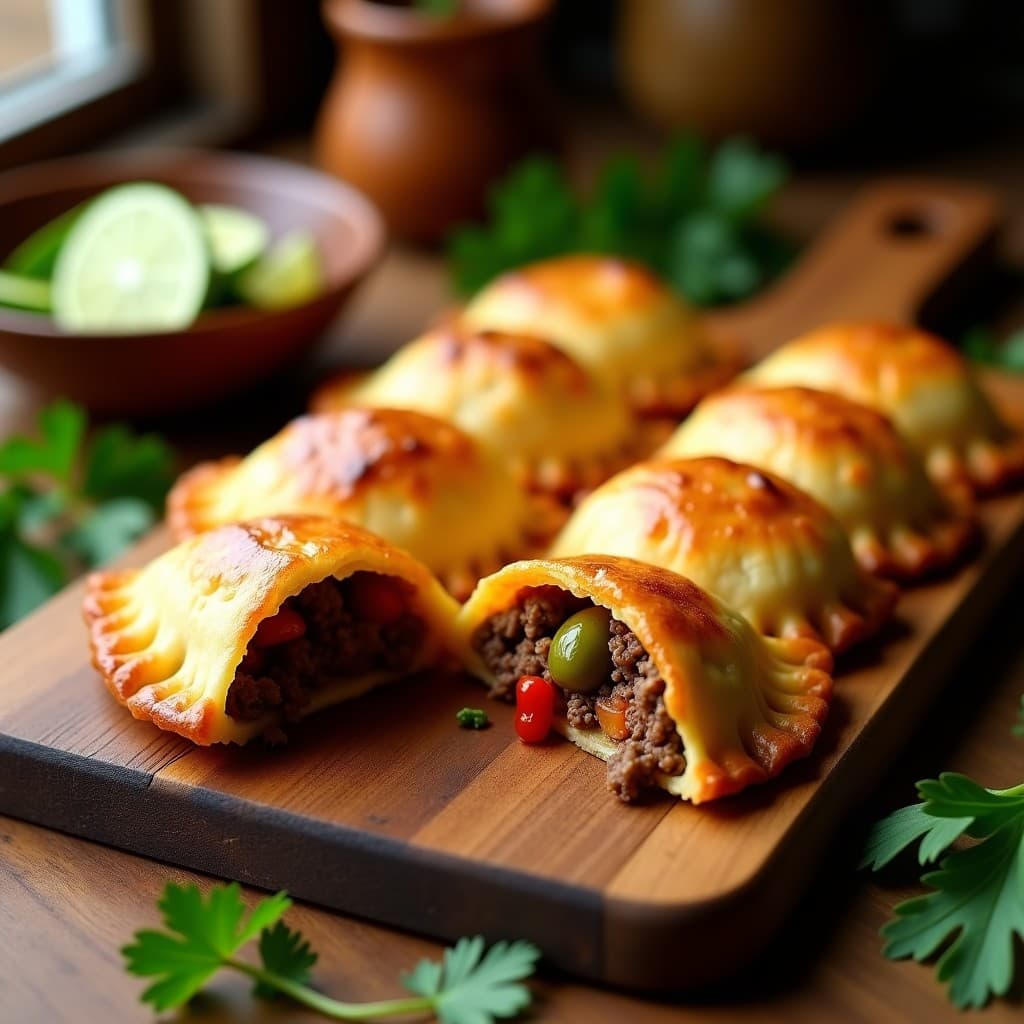 Empanadas doradas y crujientes de cassava rellenas de carne picada y aceitunas verdes, dispuestas en una fuente de madera rústica con hojas de perejil fresco. Receta venezolana en airfryer sin gluten.