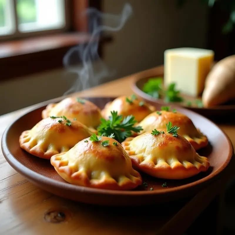 Empanadas doradas y crujientes de masa de cassava rellenas de carne de ternera y queso pecorino, servidas en un plato de madera rústico con perejil fresco espolvoreado. Receta italiana fácil en airfryer.