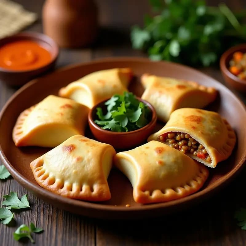 Empanadas doradas de masa de cassava rellenas de picadillo de lentejas, con bordes crujientes y un relleno jugoso. Servidas en un plato de cerámica con hojas de cilantro fresco y rodajas de limón verde al lado.