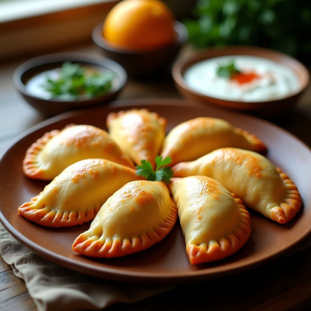 Empanadas doradas y crujientes de choclo y queso fresco servidas en un plato de madera rústico, con granos de choclo visibles en el relleno y un toque de cilantro fresco como decoración. Receta tradicional en airfryer sin freír.