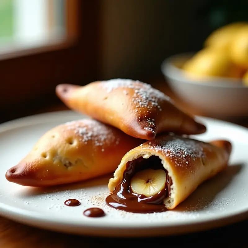 Empanadas doradas y crujientes rellenas de Nutella y plátano, espolvoreadas con azúcar glass y canela, servidas en un plato rústico con fondo de chocolate derretido.