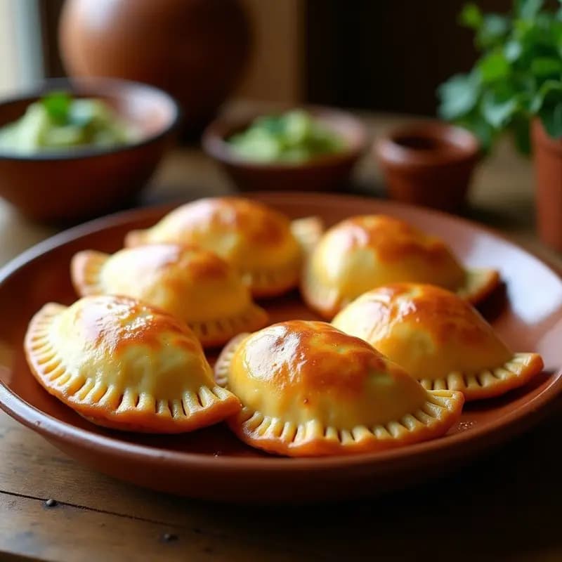 Empanadas doradas y apetitosas de chorizo y queso Oaxaca, cocinadas en olla rápida, con bordes bien sellados y un acabado brillante gracias al huevo batido. Servidas en un plato rústico con salsa verde al lado.