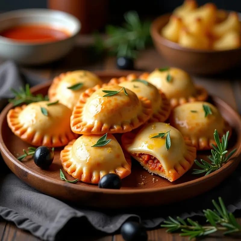 Empanadas doradas y crujientes de chorizo de soja y queso manchego vegano, dispuestas en bandeja de madera con hierbas provenzales espolvoreadas, receta española vegana para tupper.