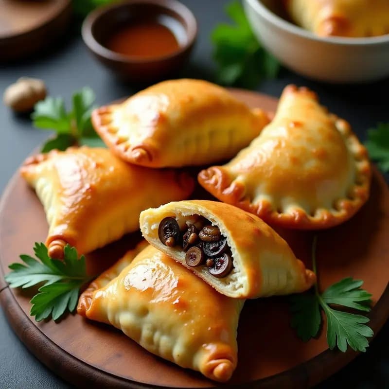 Empanadas doradas y crujientes de masa de coliflor rellenas de hongos shitake y trufa, dispuestas en una bandeja de madera rústica con perejil fresco y un hilo de aceite de trufa negra. Receta keto gourmet y fotogénica para redes sociales.