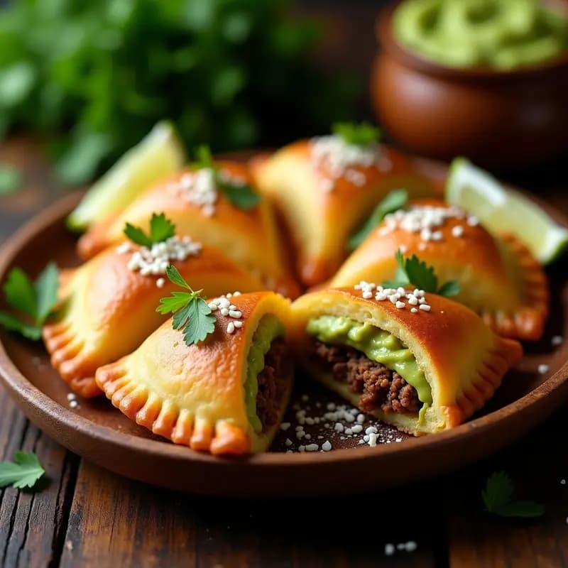 Empanadas colombianas doradas y crujientes rellenas de carne desmechada y guacamole, servidas en un plato de madera rústico con hojas de cilantro y rodajas de limón, receta en airfryer.