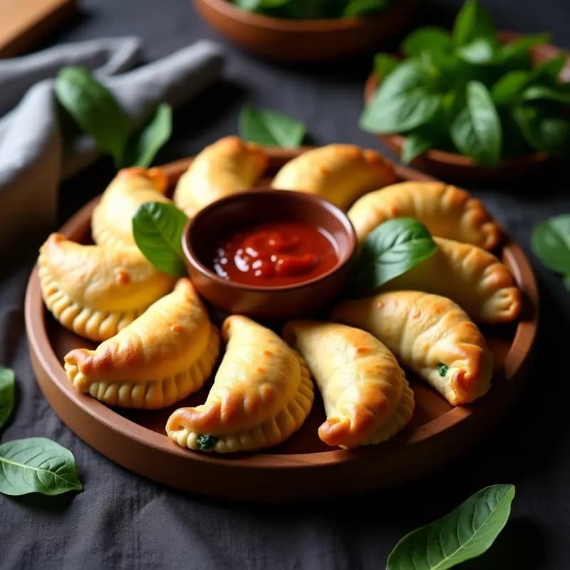 Empanadas colombianas doradas y crujientes rellenas de espinacas y queso campesino, dispuestas en bandeja de madera con hojas de espinaca fresca como decoración, receta alta en hierro.