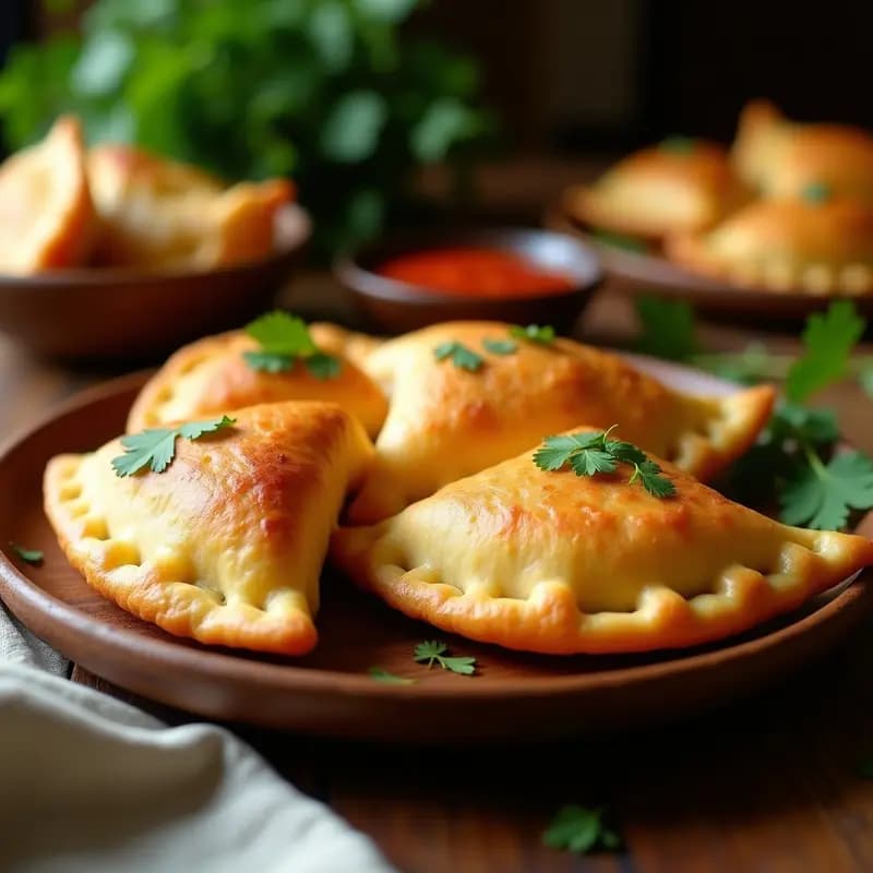 Empanadas colombianas de yuca y queso campesino doradas y crujientes, dispuestas en una bandeja de madera rústica con hojas de cilantro fresco. Receta sin harina y alta en fibra.