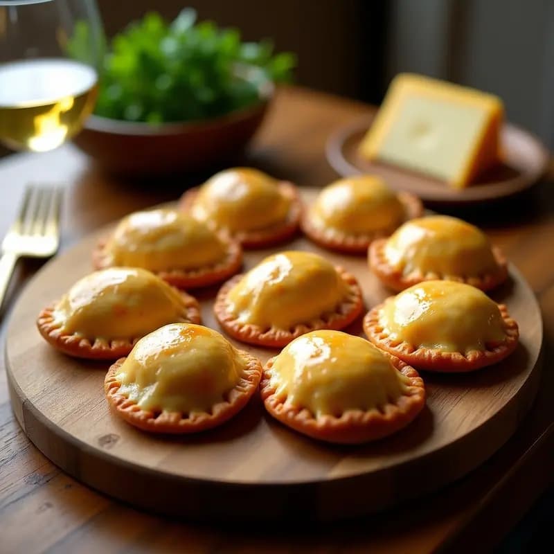 Empanadas doradas y crujientes rellenas de congrio ahumado y queso fontina fundido, servidas en una bandeja de madera rústica con hierbas frescas de albahaca como decoración.