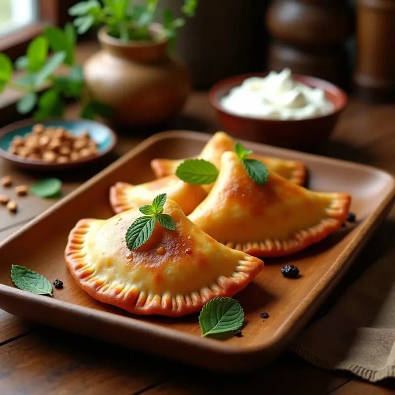 Empanadas turcas doradas y crujientes de masa de yufka rellenas de carne de cordero especiada y pasas, servidas en bandeja de madera con yogur griego y hierbabuena fresca.