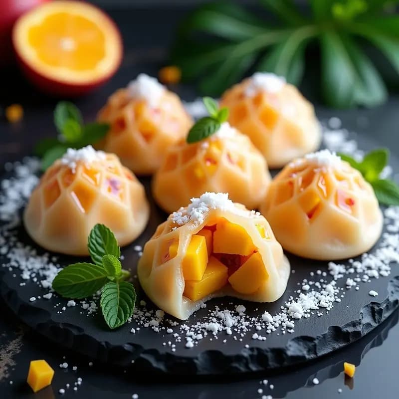 Empanadas de cristales de hielo transparente con relleno de mango, piña y maracuyá en moldes geométricos, decoradas con coco rallado y hojas de menta sobre bandeja negra, postre molecular colombiano refrescante.
