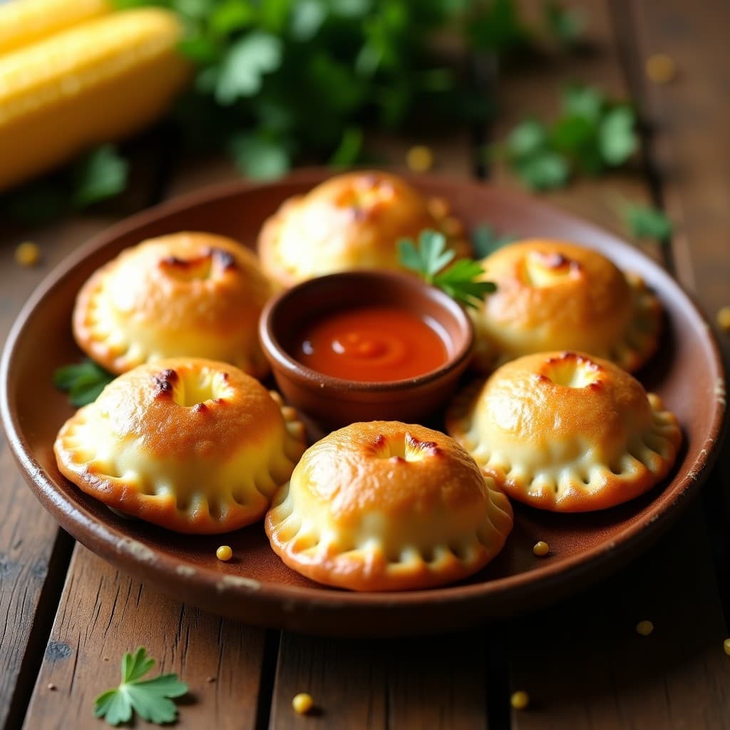 Empanadas ecuatorianas de morocho doradas y crujientes, rellenas de queso fresco y cilantro, servidas en un plato de barro con ají al lado.