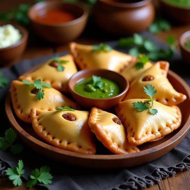 Empanadas dewana doradas y crujientes sobre una bandeja de madera, con capas visibles de masa especiada y relleno de carne picada con pasas rubias, acompañadas de chutney verde y hojas de cilantro fresco.