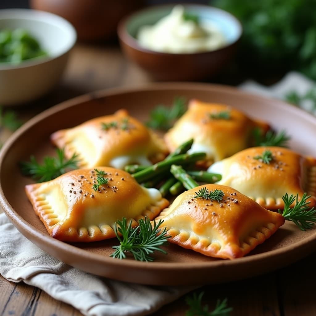 Empanadas doradas de masa de yuca crujiente rellenas de espárragos trigueros y queso ricotta, decoradas con almendras fileteadas y puntas de espárrago salteadas, sobre una tabla de madera rústica con un hilo de aceite de oliva.