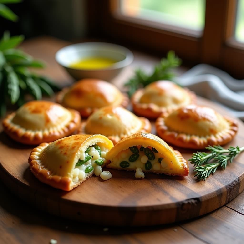 Empanadas doradas y crujientes de masa integral rellenas de espárragos trigueros y queso brie fundido, servidas en un plato de madera rústico con semillas de sésamo visibles en la superficie. Receta francesa en airfryer.