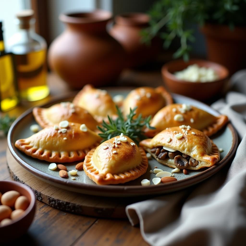 Empanadas griegas doradas de espelta con relleno de hongos y queso azul, servidas en una bandeja de barro con tomillo fresco y almendras fileteadas, receta tradicional horneada.
