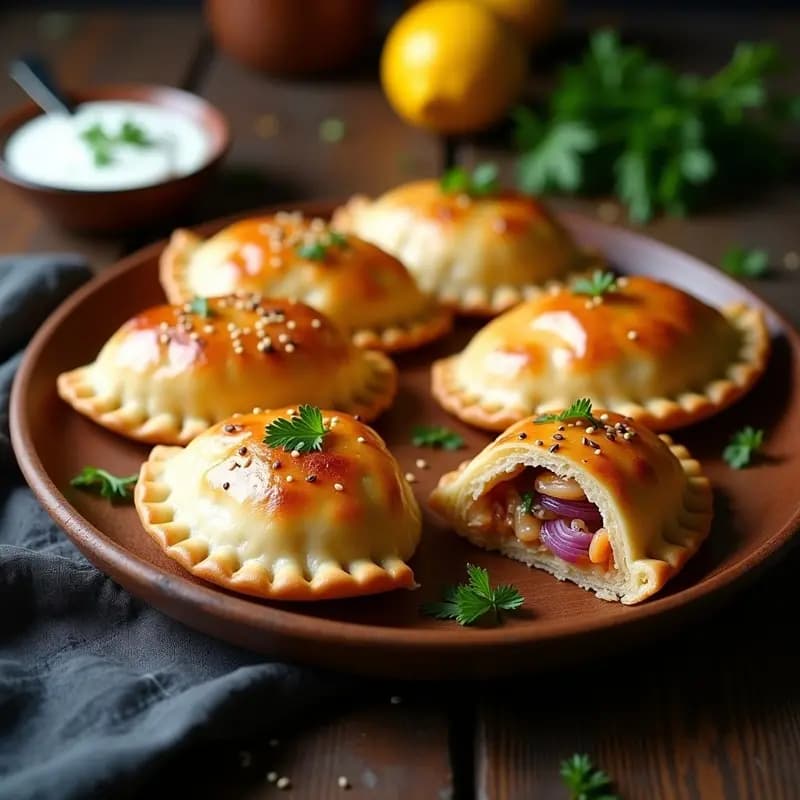 Empanadas doradas de espelta recién horneadas con relleno jugoso de pescado blanco y pimentón de la Vera, servidas en una bandeja de madera rústica con perejil fresco.