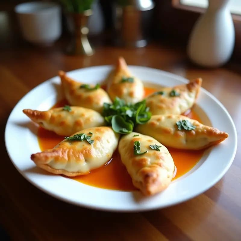 Empanadas doradas y crujientes de espinaca y feta al estilo griego, con semillas de sésamo negro en la superficie, servidas en una bandeja de madera rústica con hierbas frescas al lado.