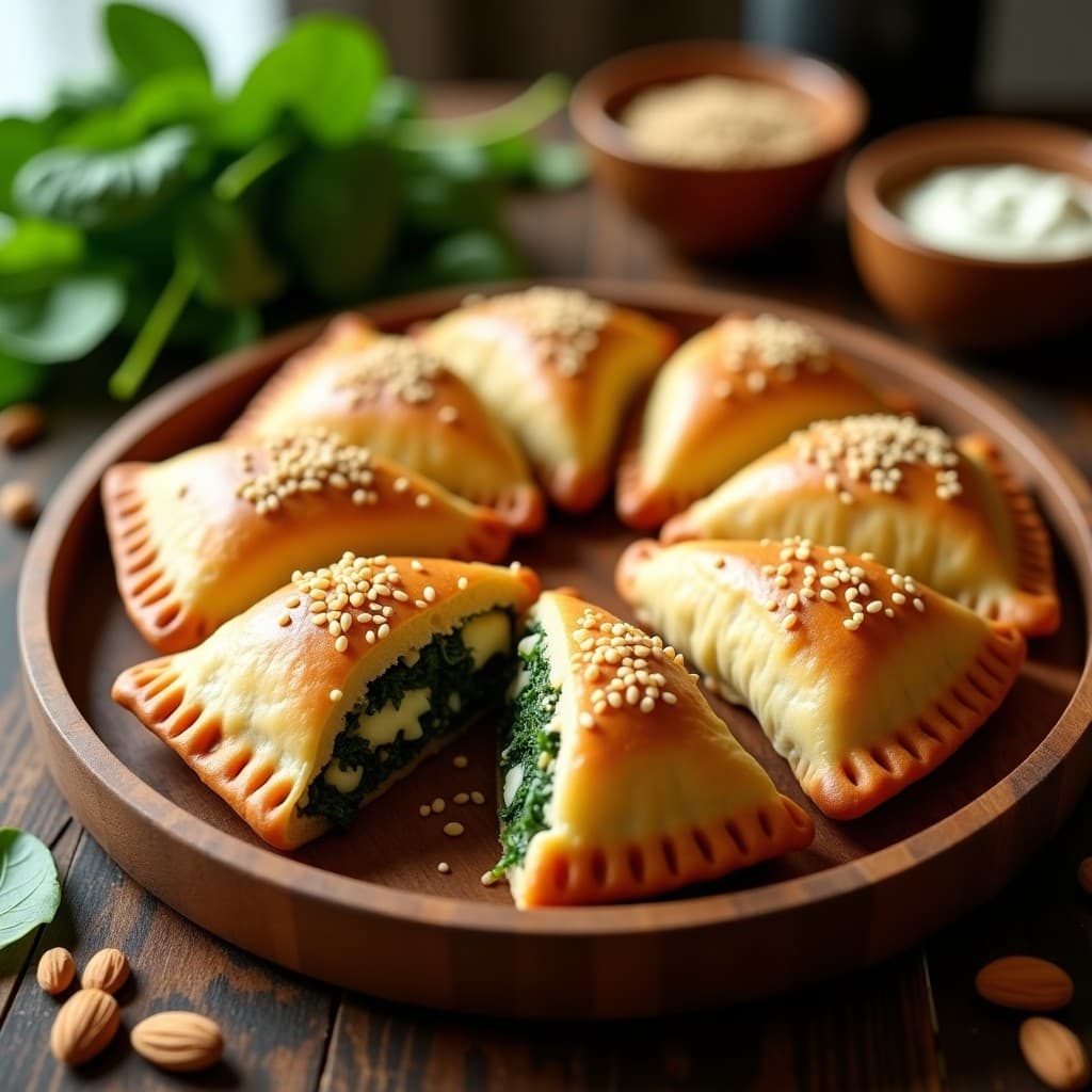Empanadas veganas de espinaca y queso de almendras doradas al horno, con semillas de sésamo en la superficie, servidas en una bandeja de madera rústica con hojas de espinaca fresca de decoración.