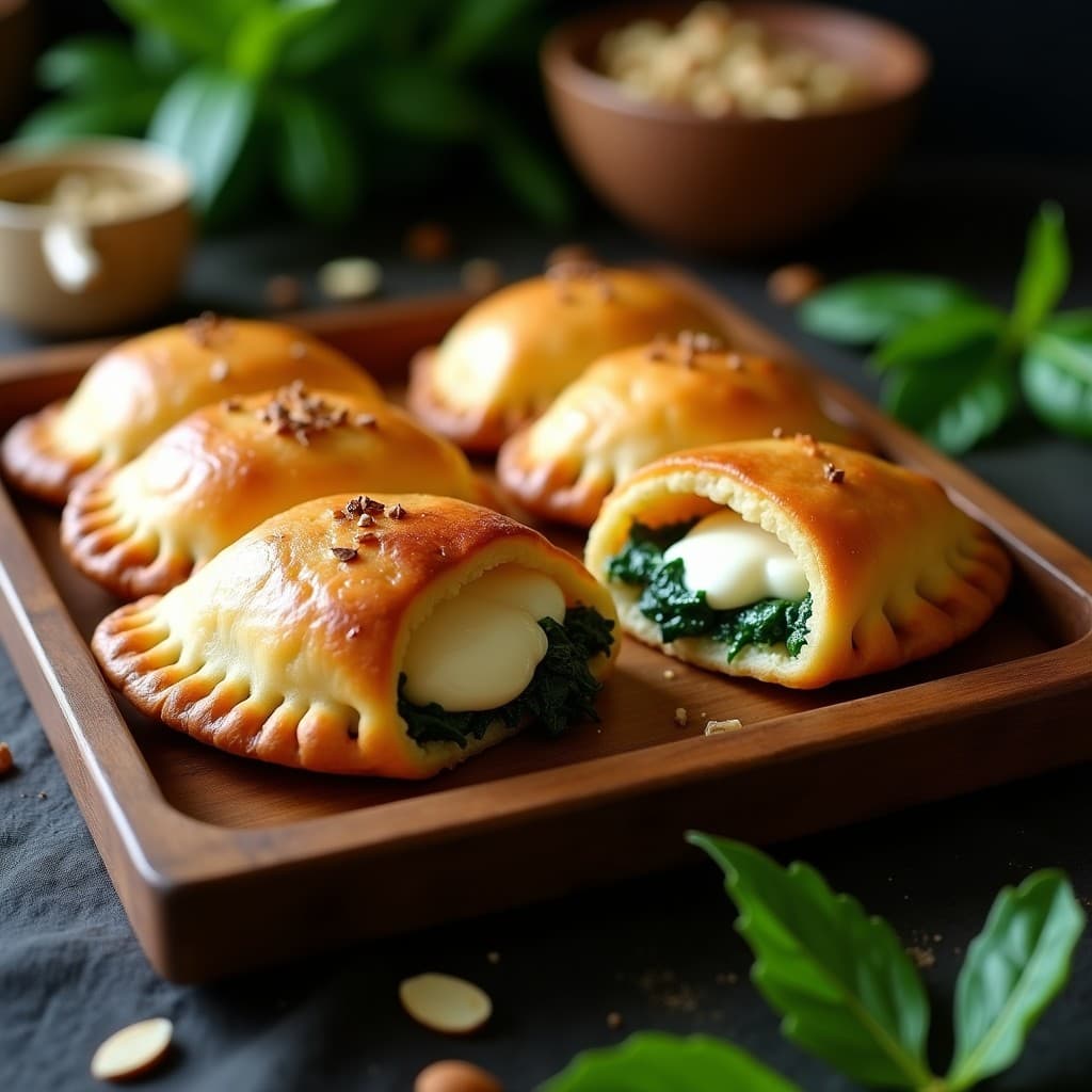 Empanadas doradas y crujientes de espinaca y queso de buffala con masa de mandioca, horneadas a la perfección. Se aprecian las capas de la masa sin gluten y el relleno cremoso con trocitos de almendra. Presentadas en una bandeja de madera rústica con hierbas frescas de decoración.