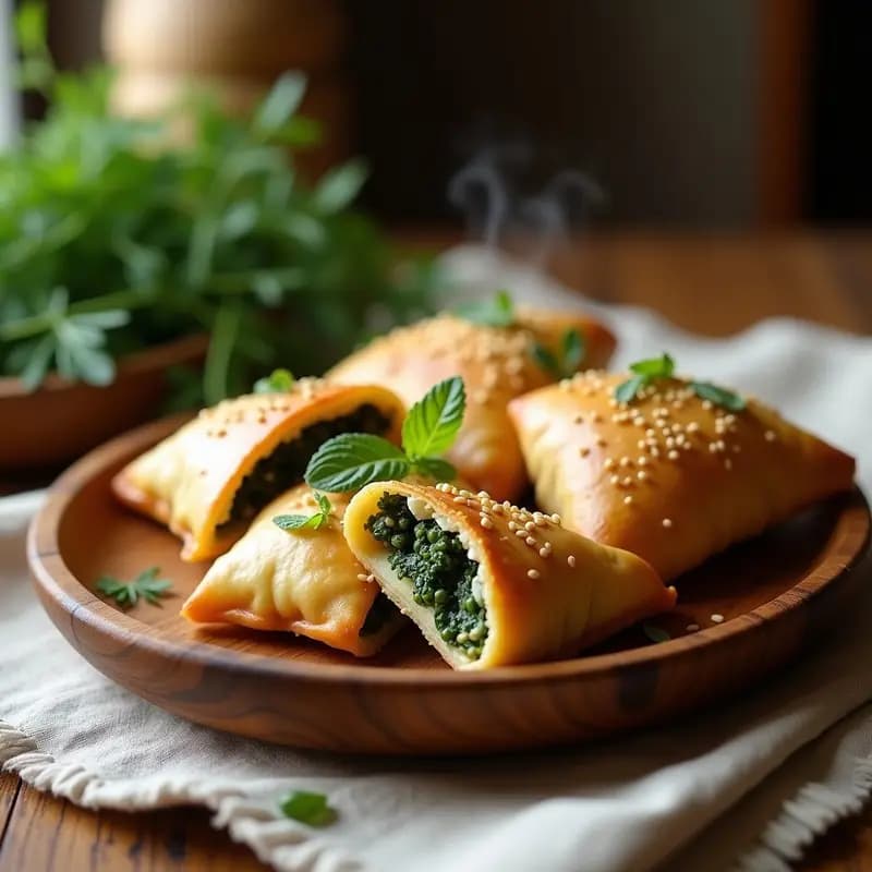Empanadas de espinaca y queso feta en hoja de maíz doradas al horno, con semillas de sésamo, servidas en una bandeja de madera rústica con hierbas frescas.