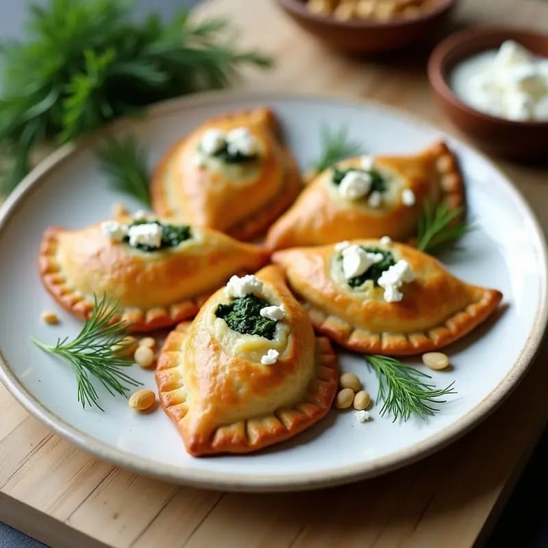 Empanadas doradas y crujientes de espinaca y queso feta con masa de yogur griego, servidas en un plato de cerámica blanca con hojas de eneldo fresco y piñones tostados como decoración.