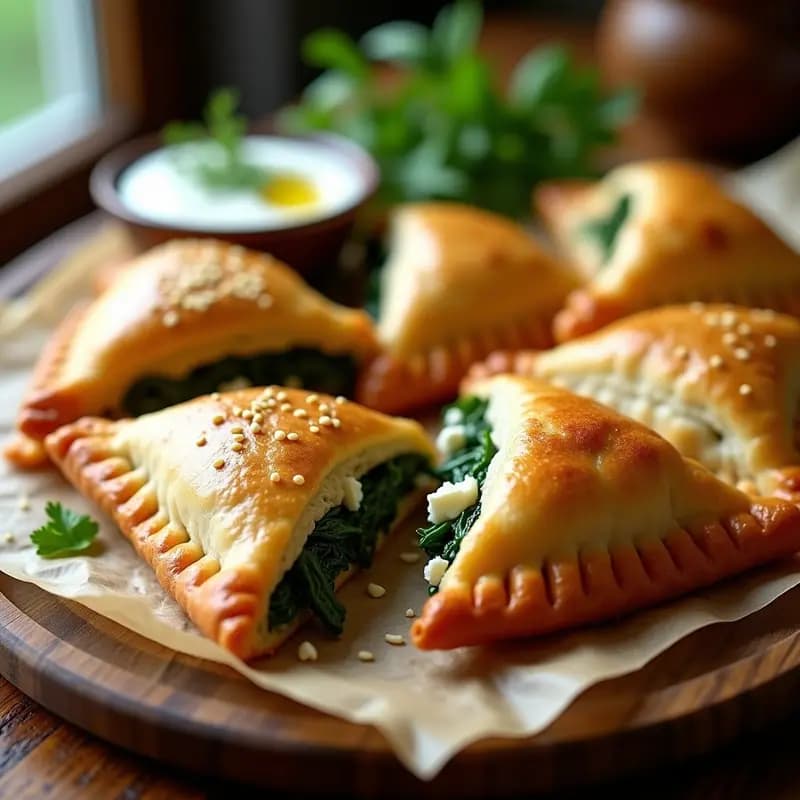 Empanadas de espinacas y queso feta en airfryer: media luna dorada y crujiente con bordes retorcidos, rellenas de espinacas verdes y queso feta blanco, servidas sobre papel de horno con semillas de sésamo y acompañadas de yogur con hierbas.
