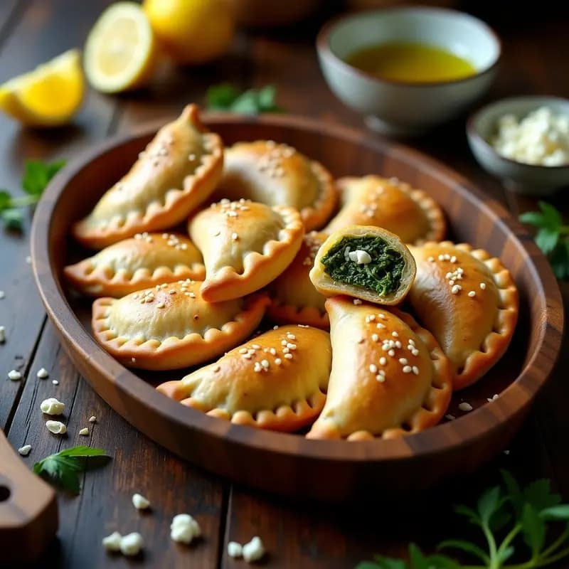 Empanadas galileas doradas y crujientes rellenas de espinacas y queso feta, espolvoreadas con semillas de sésamo, dispuestas en una bandeja de madera rústica con limones y hierbas frescas al fondo. Receta argentina para tupper.