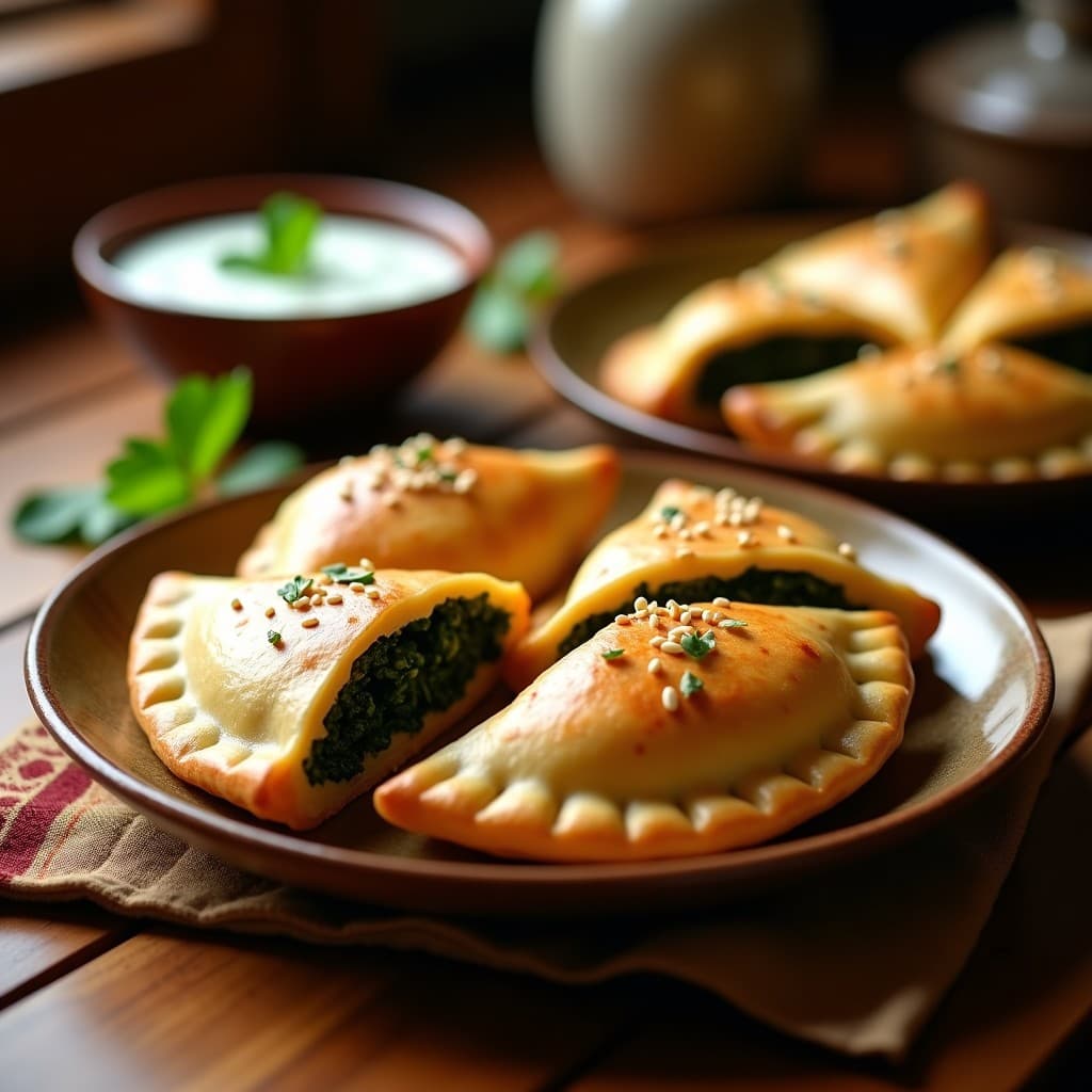 Empanadas doradas en forma de media luna con bordes bien sellados, rellenas de espinacas verdes y queso paneer blanco, servidas en un plato de madera con chutney al lado. Receta india de empanadas de espinacas y queso paneer en olla express.