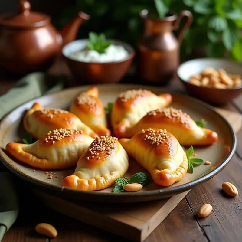 Empanadas turcas Etli Ekmek doradas y crujientes, rellenas de carne de cordero picada y piñones, dispuestas en una bandeja de horno con sésamo tostado por encima. Receta tradicional en 20 minutos.