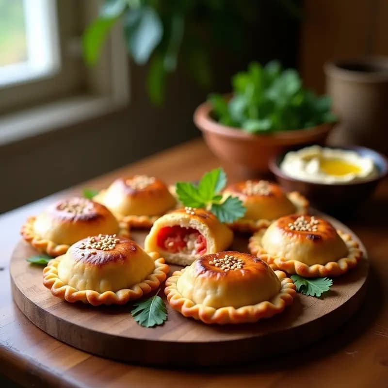 Empanadas griegas veganas de fasolada con masa dorada de garbanzos, servidas en bandeja de madera con semillas de sésamo y perejil fresco. Receta tradicional adaptada sin gluten y alta en proteína.