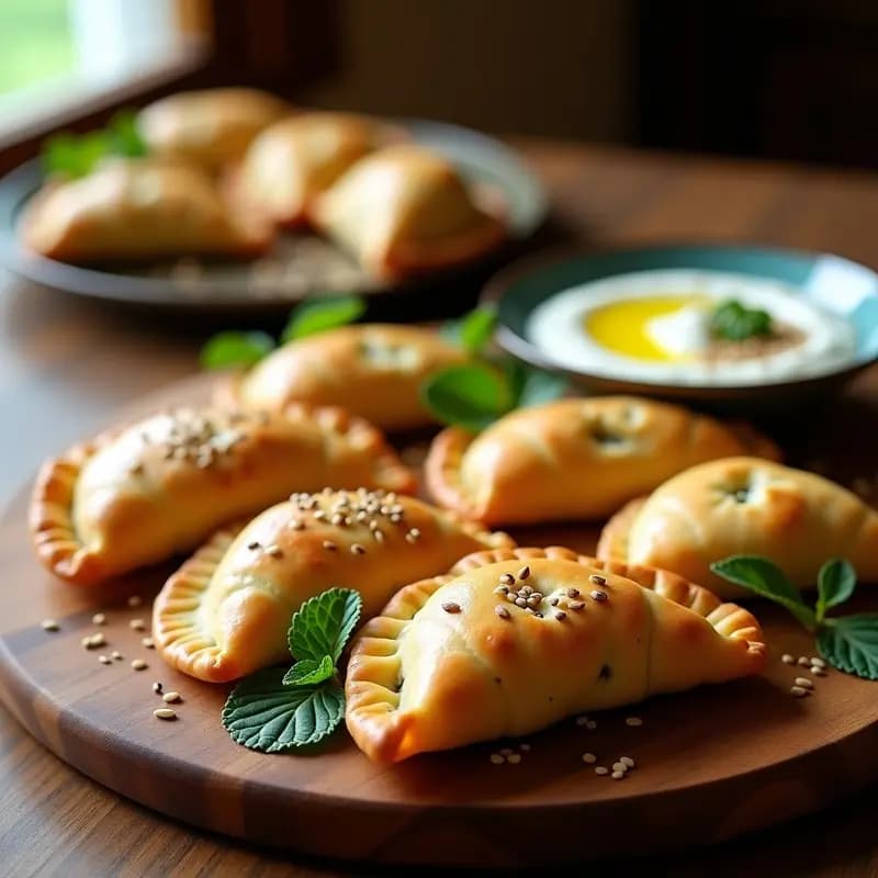 Empanadas Galileas israelíes de masa fina y dorada, rellenas de queso blanco y espinacas, servidas en una bandeja de madera con hierbas frescas y un dip de yogur al lado.