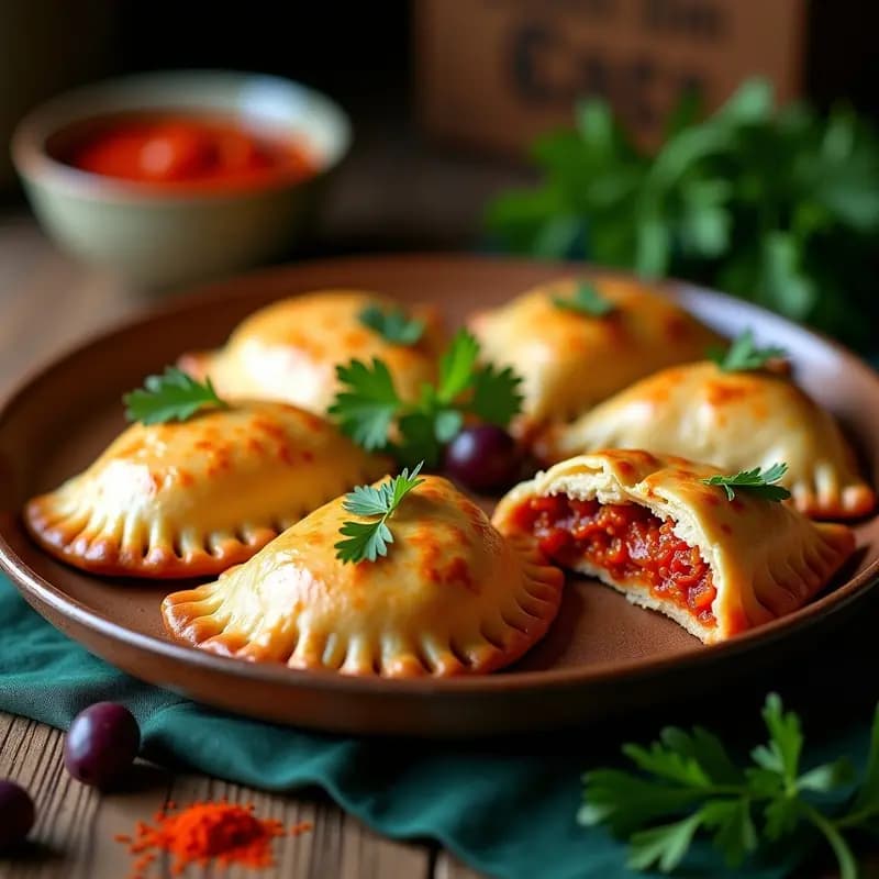 Empanadas gallegas doradas y crujientes rellenas de zorza vegana de seitán y pimentón, colocadas sobre un mantel de lino rústico con un fondo de madera oscura. Se aprecian los bordes sellados y el corte superior típico, con un toque de perejil fresco espolvoreado.